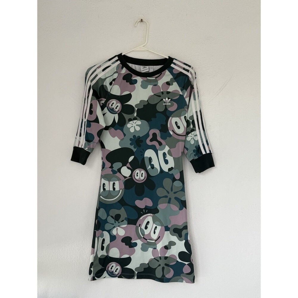 Adidas x Hattie Stewart 3 Stripe Sleeve Logo Camo Daisy Smiley Face Sport Dress